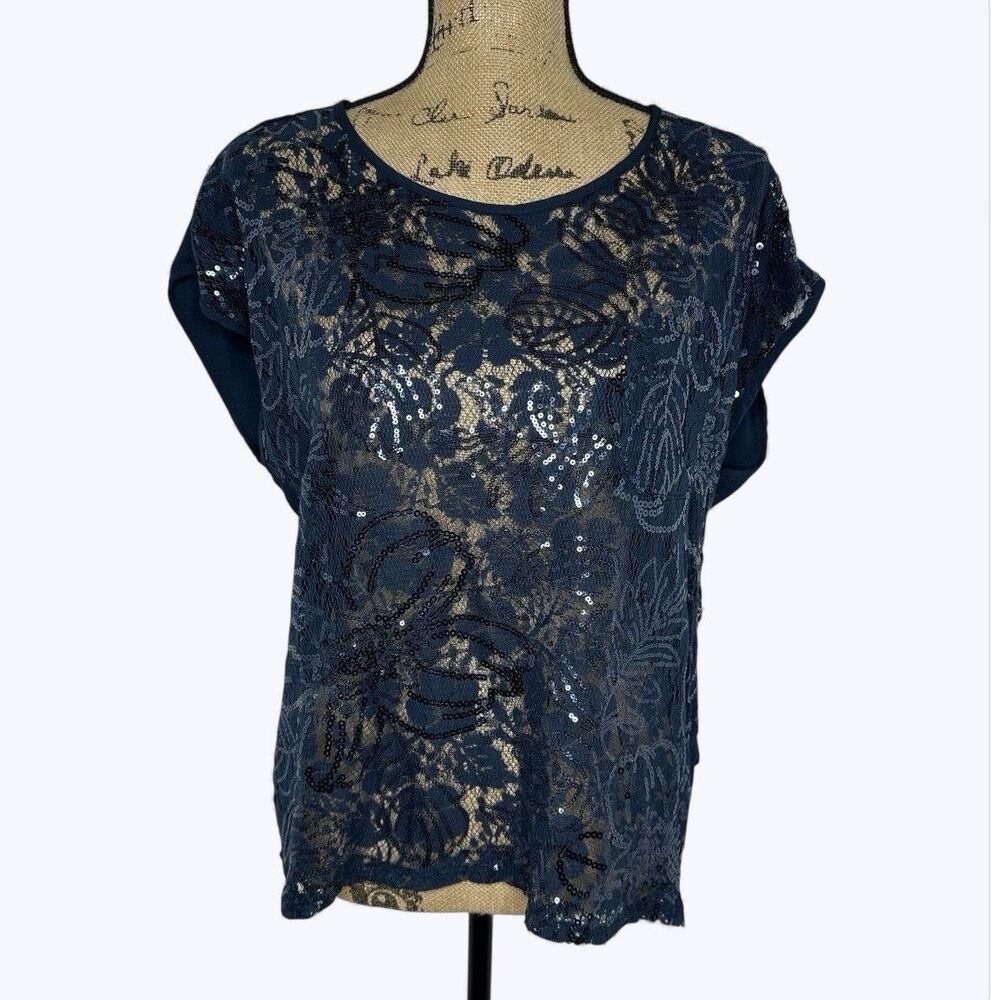Forever 21 Sheer‎ Lace Floral Mesh Top Sz L Blue Layering Holiday Party Glam NYE